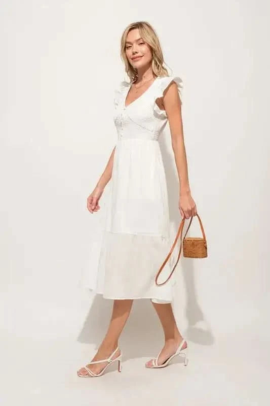 And The Why Ruffle Sleeve Front Smocked Tiered Midi Dress in - photo