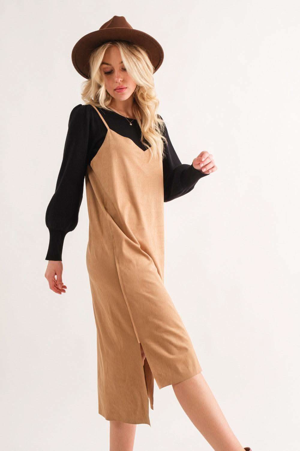 And The Why Faux Suede Cut Edge Slit Cami Midi Dress in - Dresses photo