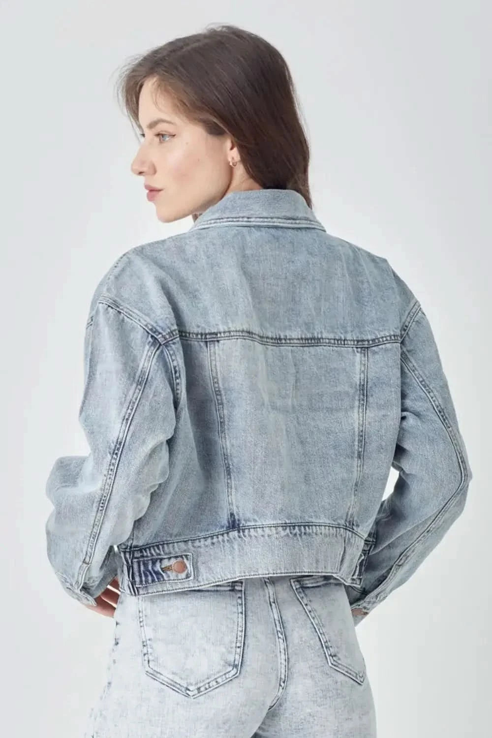 RISEN Full Size Button Down Cropped Denim Jacket in - photo