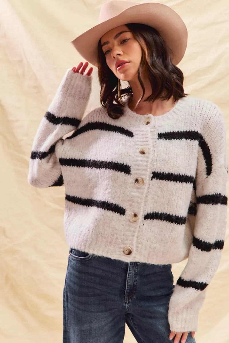 SO ME Stripe Soft Touch Button Cozy Sweater Cardigan in - photo