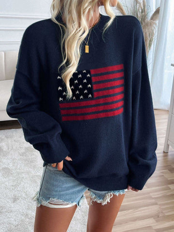 Devine US Flag Round Neck Long Sleeve Knit Top - SwagglyLife Home & Fashion Devine US Flag Round Neck Long Sleeve Knit Top - SwagglyLife Home & Fashion