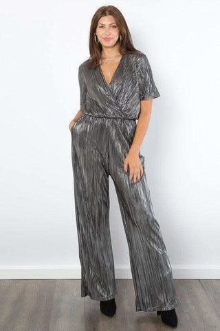 Be Stage Surplice Short Sleeve Pleated Foil Jumpsuit - SwagglyLife Home & Fashion Be Stage Surplice Short Sleeve Pleated Foil Jumpsuit - SwagglyLife Home & Fashion