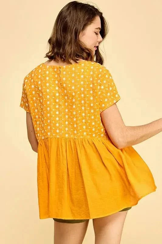 Lime 'N' Chili Embroidered Short Sleeve Pleated Babydoll Top - SwagglyLife Home & Fashion