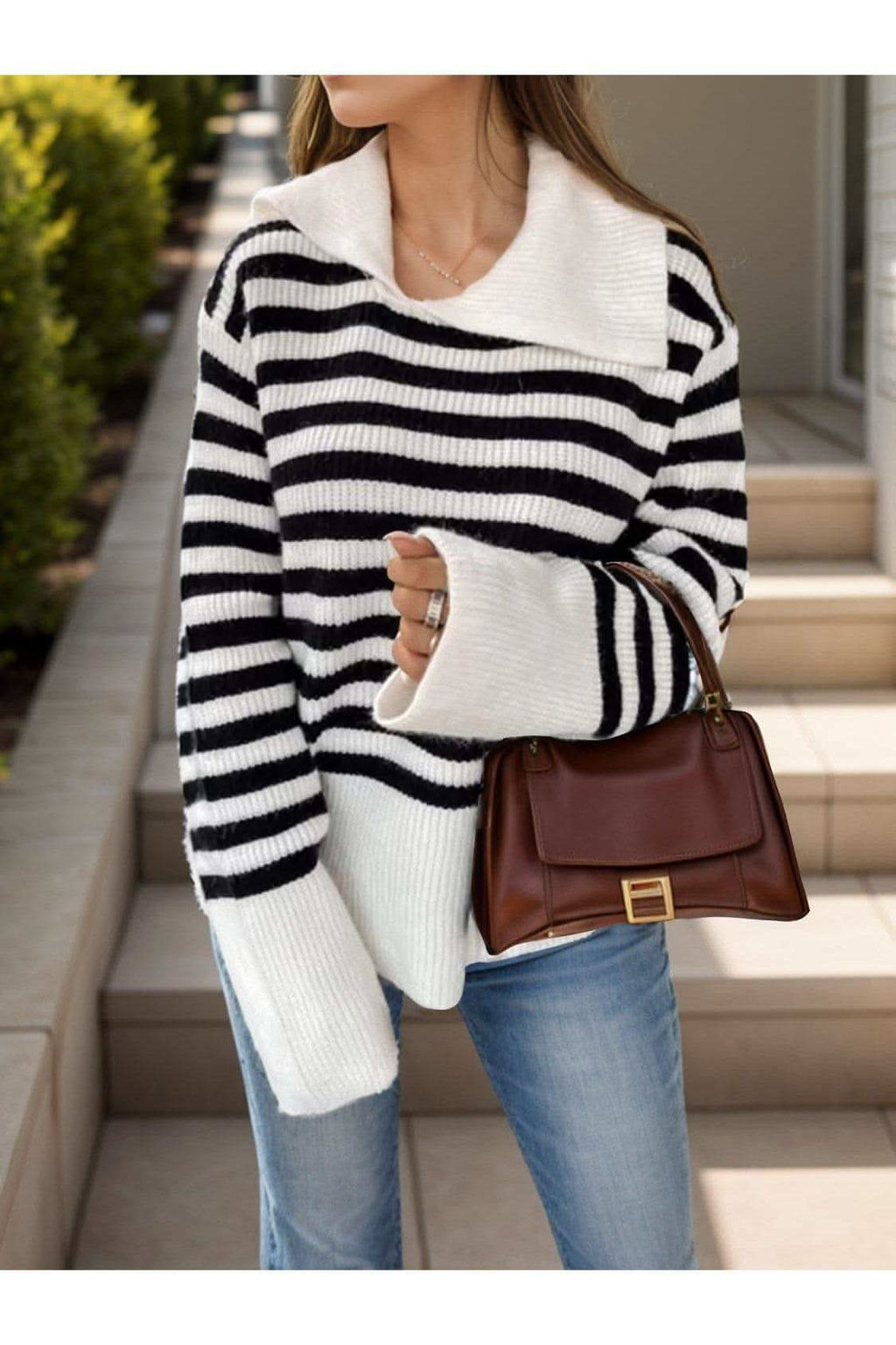 Sonia Striped Collared Neck Long Sleeve Sweater - SwagglyLife Home & Fashion