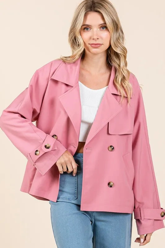 Mittoshop Double Breasted Long Sleeve Trench Coat Jacket in Rose - photo