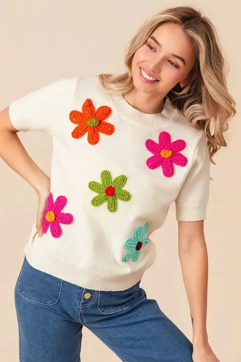 BiBi Crochet Flower Patch Sweater Top in - photo