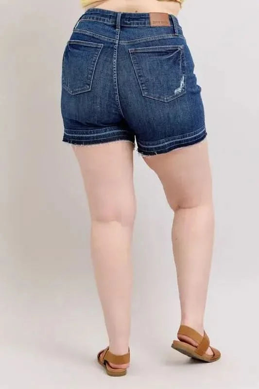 Judy Blue Plus Size HW Tummy Control Destroy Release Hem Denim Shorts - SwagglyLife Home & Fashion