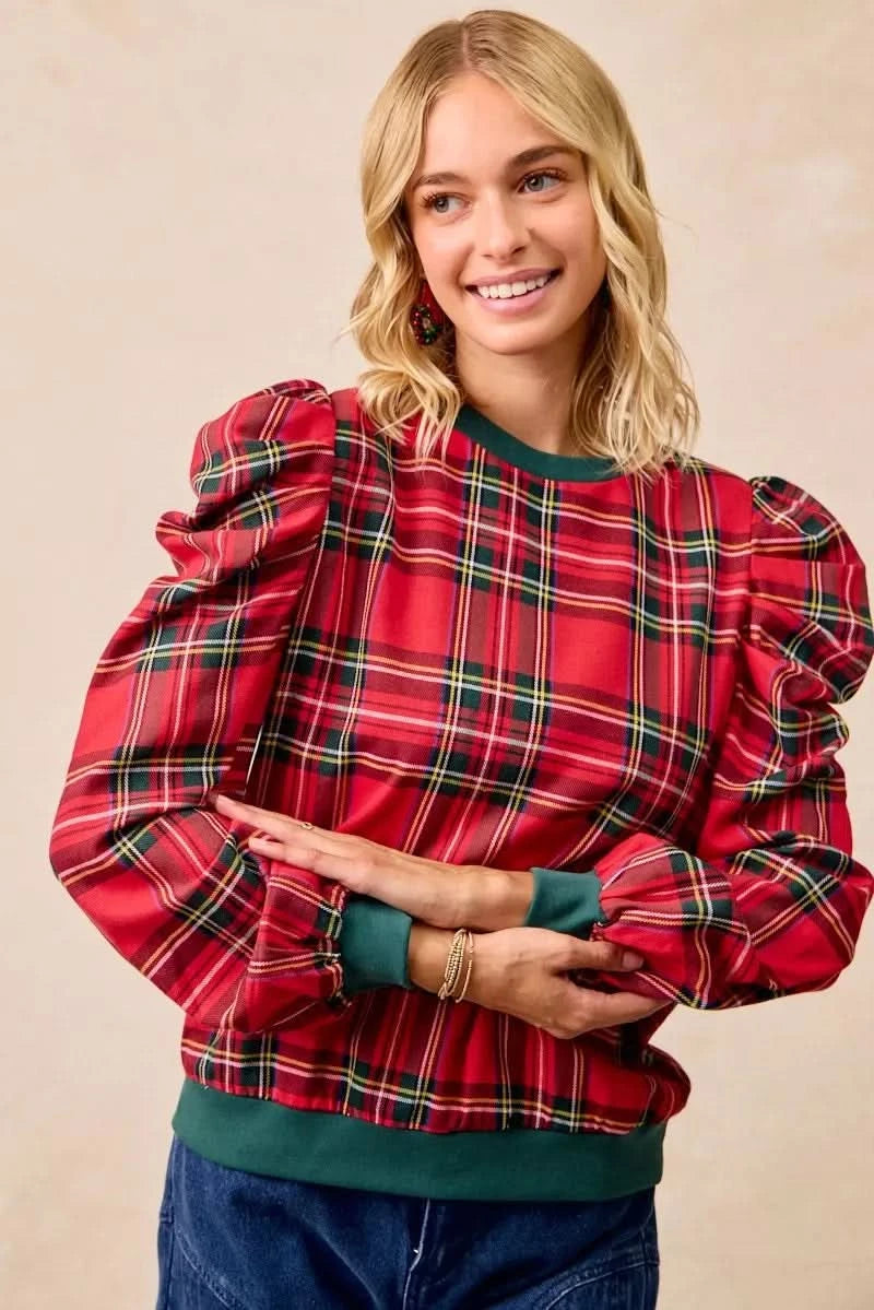 BiBi Christmas Plaid Exaggerated Shoulder Sleeves Top in - photo