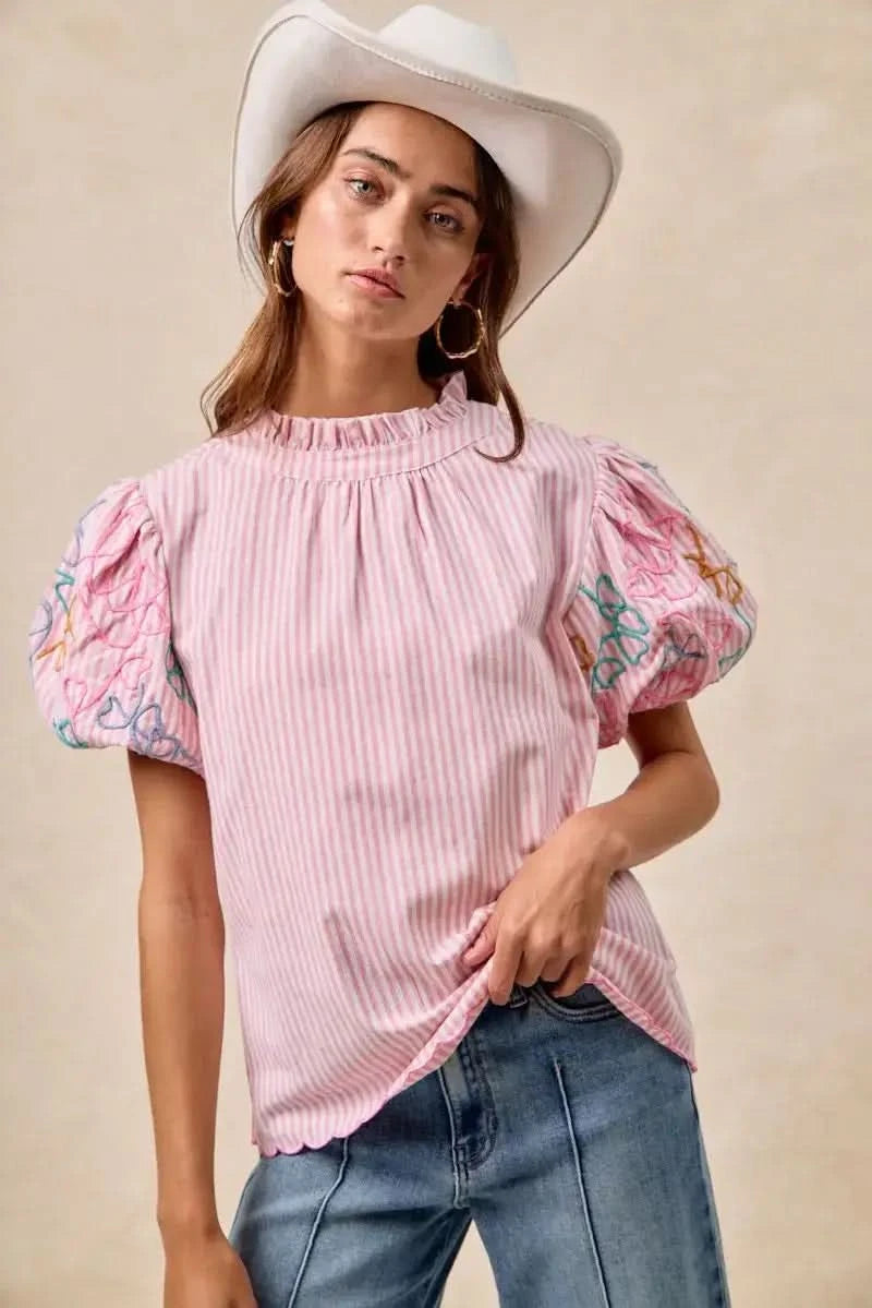 BiBi Embroidery Bubble Sleeve Top With Bottom Scallop Detail in - photo