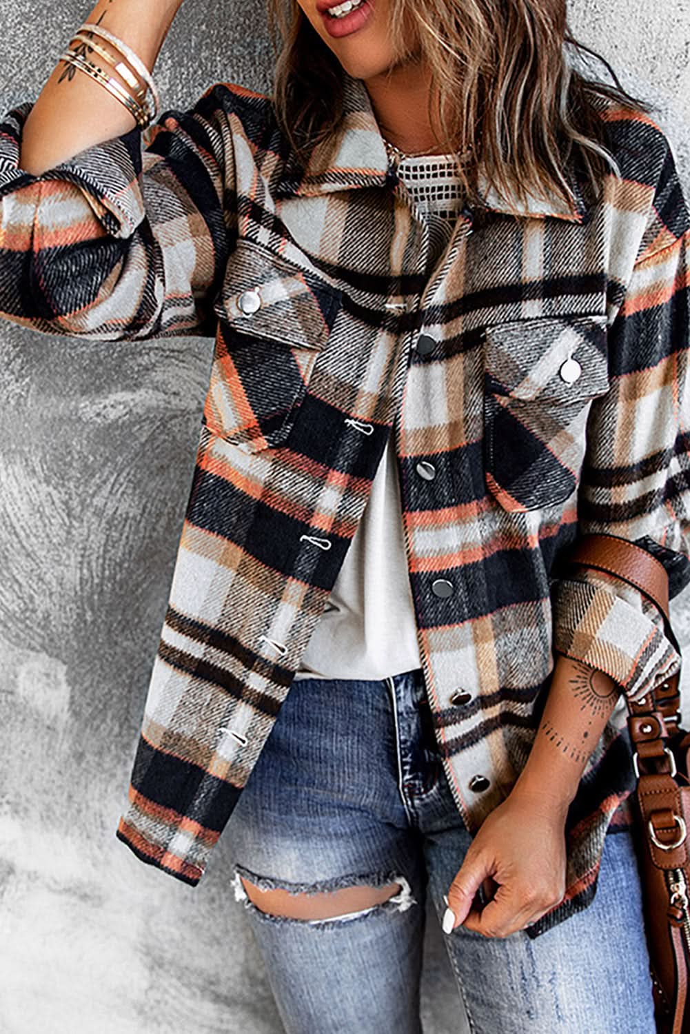 Plaid Button Front Shirt Jacket with Breast Pockets in - photo
