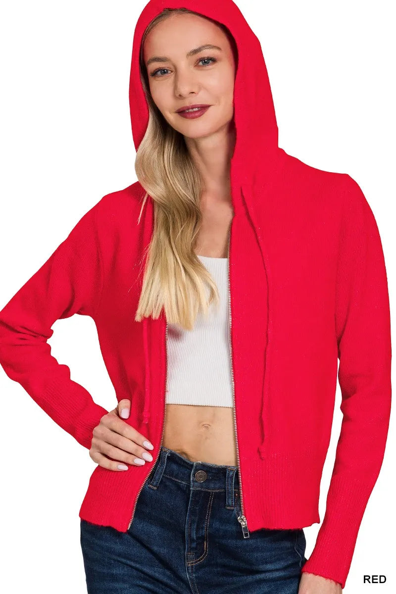 Zenana Drawstring Zip Up Hooded Cardigan in - photo