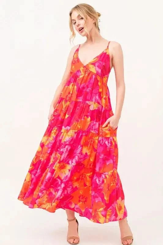 And The Why Floral Tiered Maxi Cami Dress with Pockets in ORANGE MULTI - photo