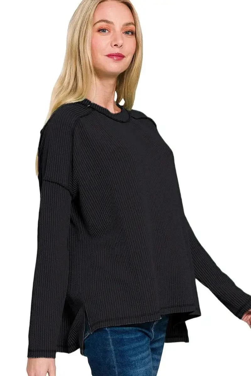 Zenana Full Size Exposed Seam Long Sleeve Corded Rib Knit Top Plus Size in BLACK - photo