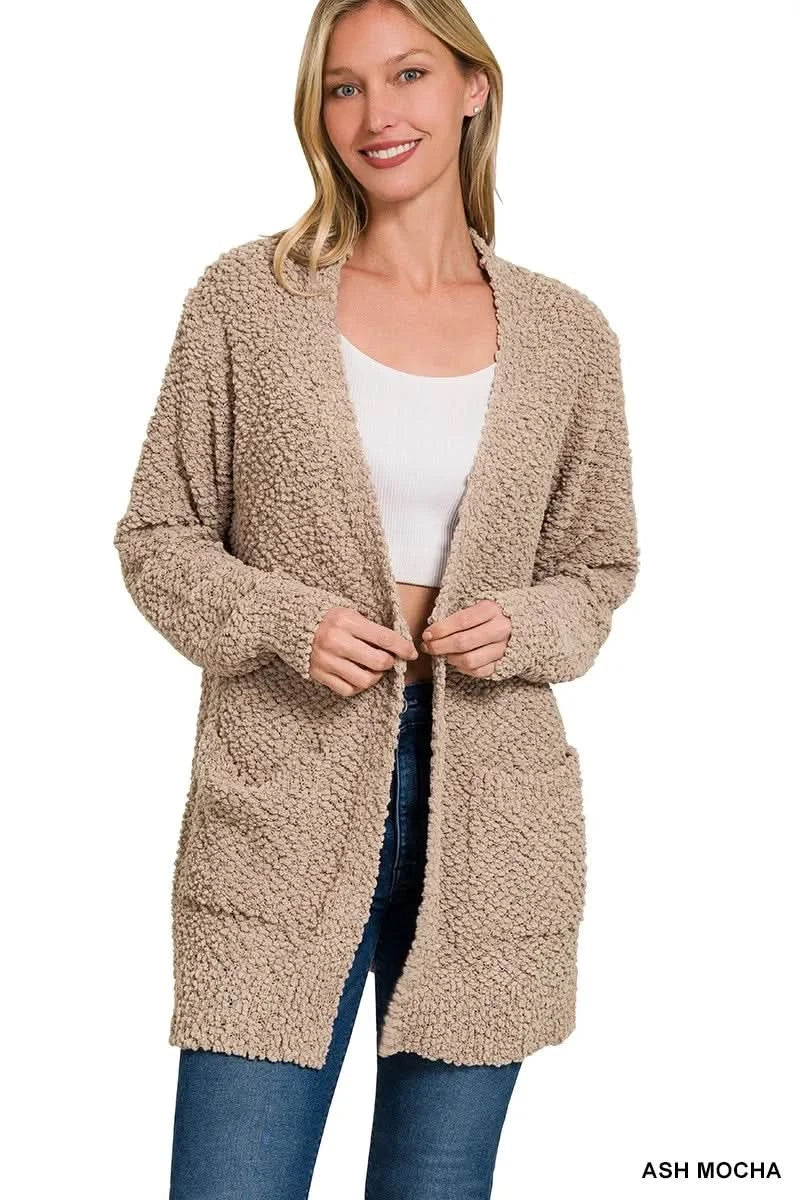 Zenana Long Sleeve Popcorn Sweater Cardigan with Pockets in ASH MOCHA - photo