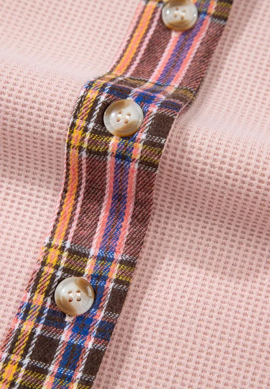 Waffle Knit Plaid Patchwork Drawstring Hooded Shacket in - photo