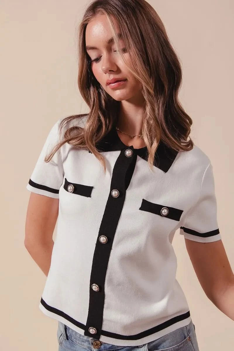 SO ME Button Down Knitted Sweater Shirt Top in - photo