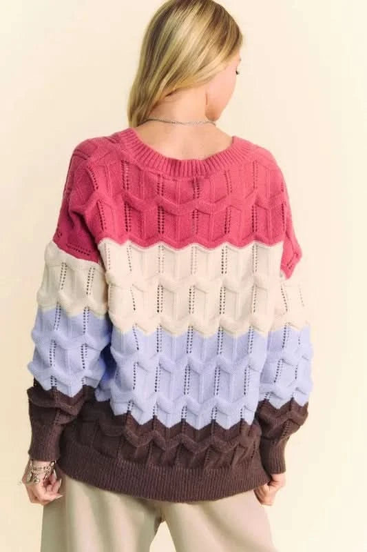Davi & Dani Wavy Texture Color Block V-Neck Sweater in - photo