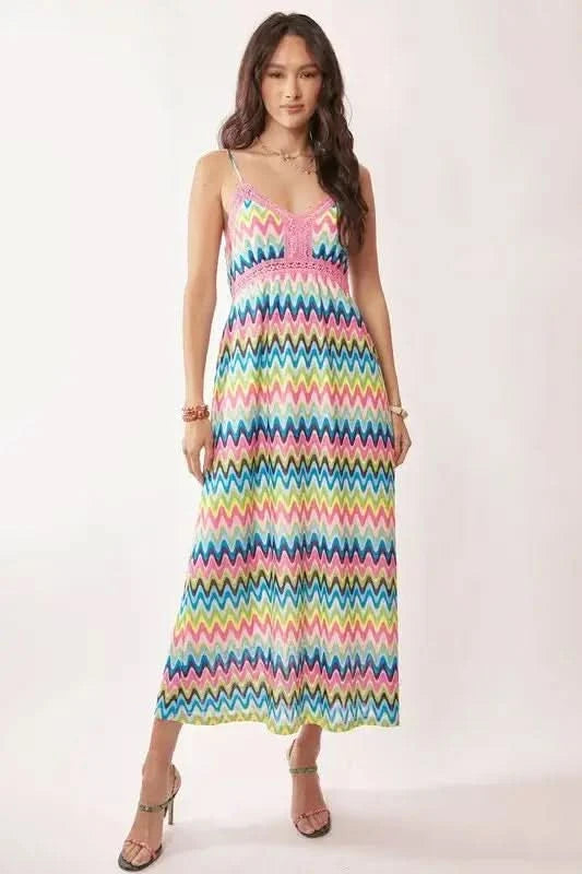 Davi & Dani Multi Color Crochet Lace Midi Dress in Pink Blue - photo