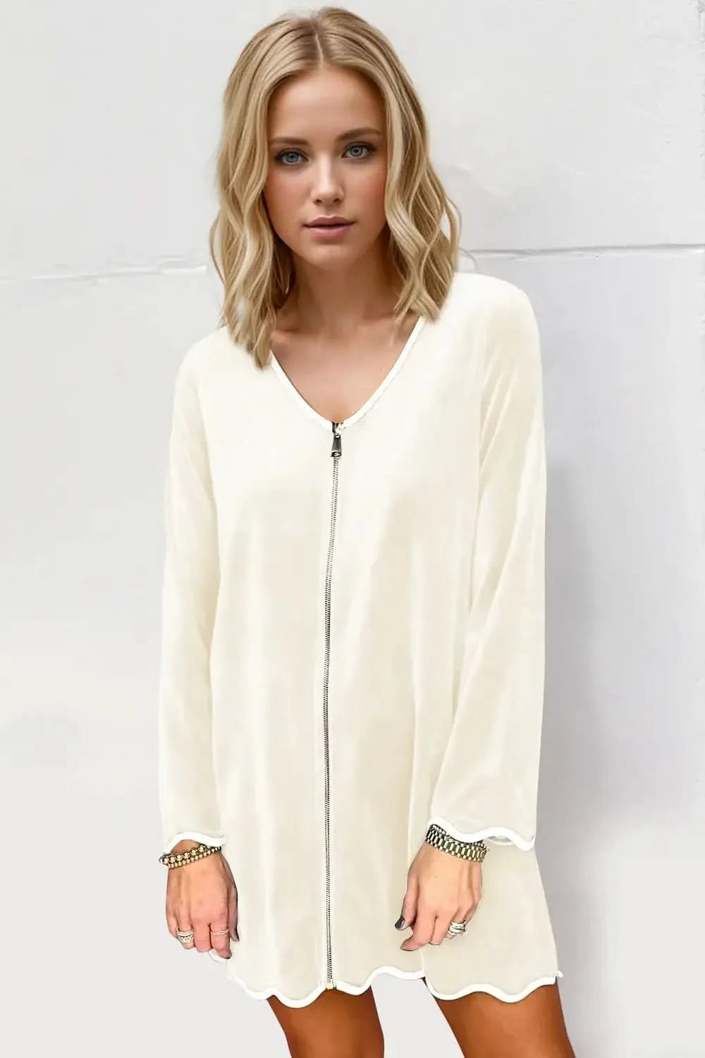 Double Take Wave Contrast Trim V-Neck Zip Up Long Sleeve Mini Dress in Cream - photo