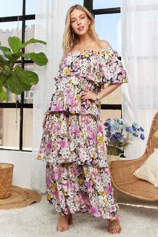 ADORA Layered Floral Off-Shoulder Short Sleeve Maxi Dress in - Dresses photo