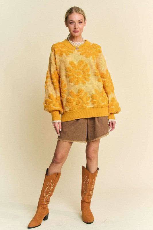 Davi & Dani Flower Texture Round Neck Dropped Shoulder Sweater in - photo
