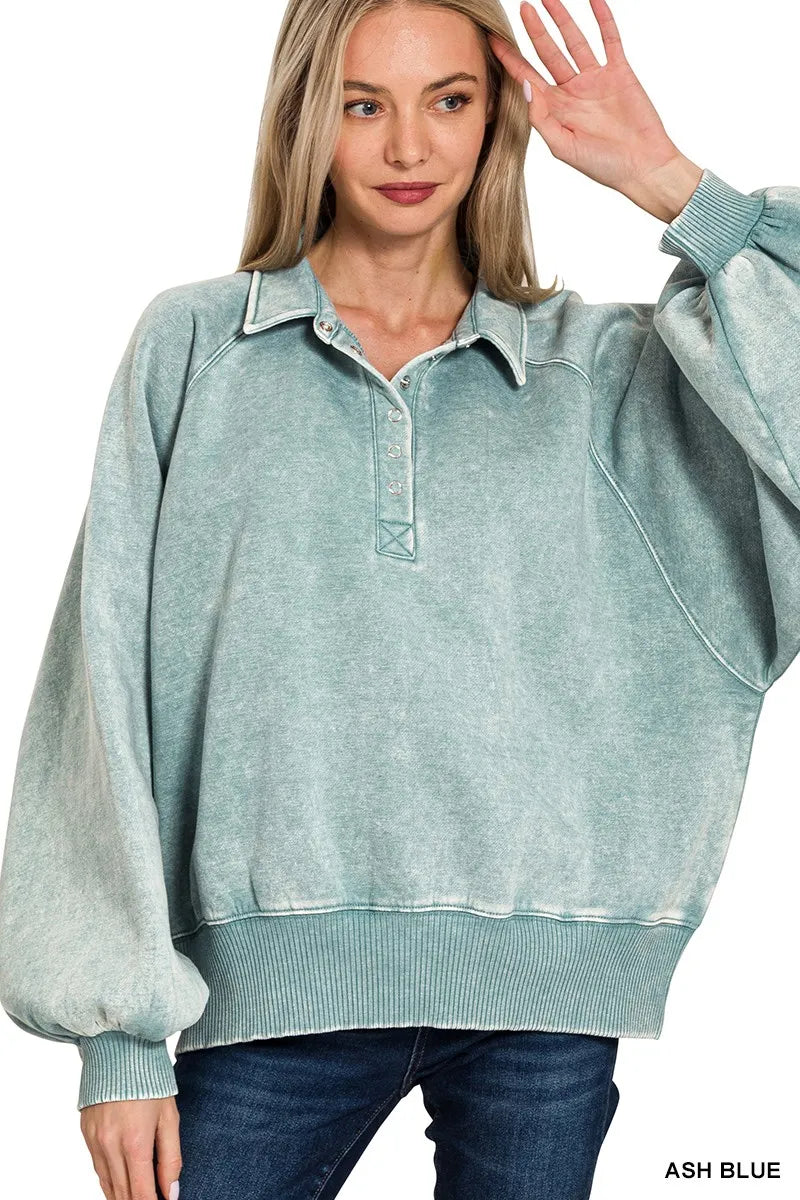 Zenana Acid Wash Fleece Collared Sweatshirt in ASH BLUE - photo