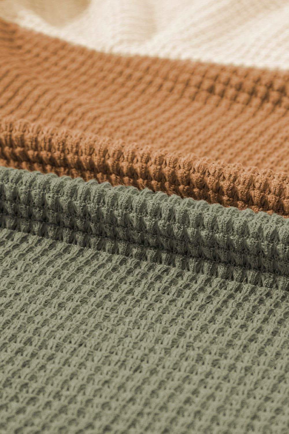 Waffle-Knit Color Block Round Neck Long Sleeve Blouse - SwagglyLife Home & Fashion Waffle-Knit Color Block Round Neck Long Sleeve Blouse - SwagglyLife Home & Fashion