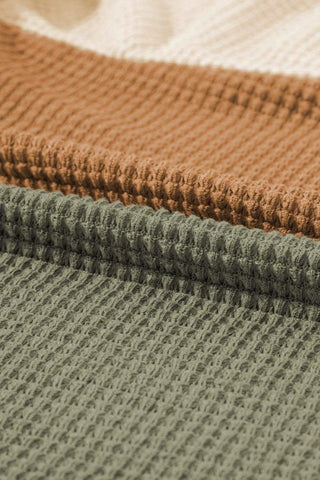 Waffle-Knit Color Block Round Neck Long Sleeve Blouse - SwagglyLife Home & Fashion Waffle-Knit Color Block Round Neck Long Sleeve Blouse - SwagglyLife Home & Fashion