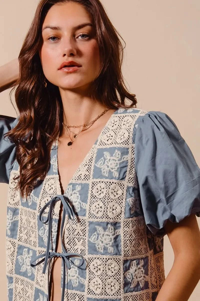 SO ME Crochet Lace Tie Front V Neck Blouse Top - SwagglyLife Home & Fashion