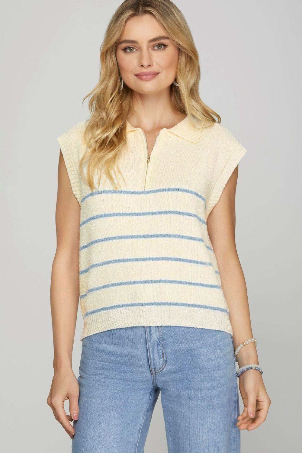 She + Sky Full Size Ribbed Hem Striped Half Zip Sweater Vest Plus Size in Sky Blue - photo