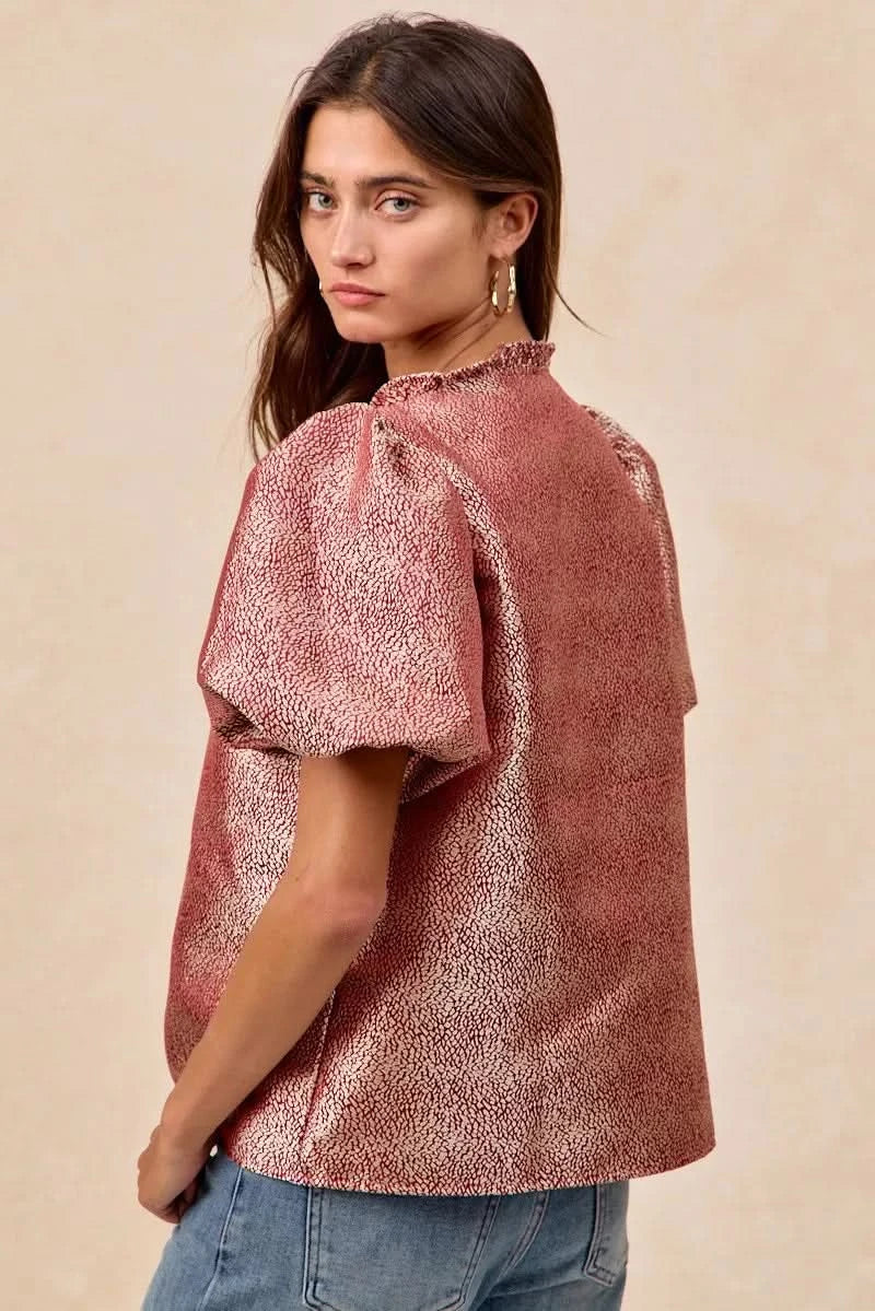 BiBi Jacquard Woven Short Balloon Sleeves V Neck Top in - photo