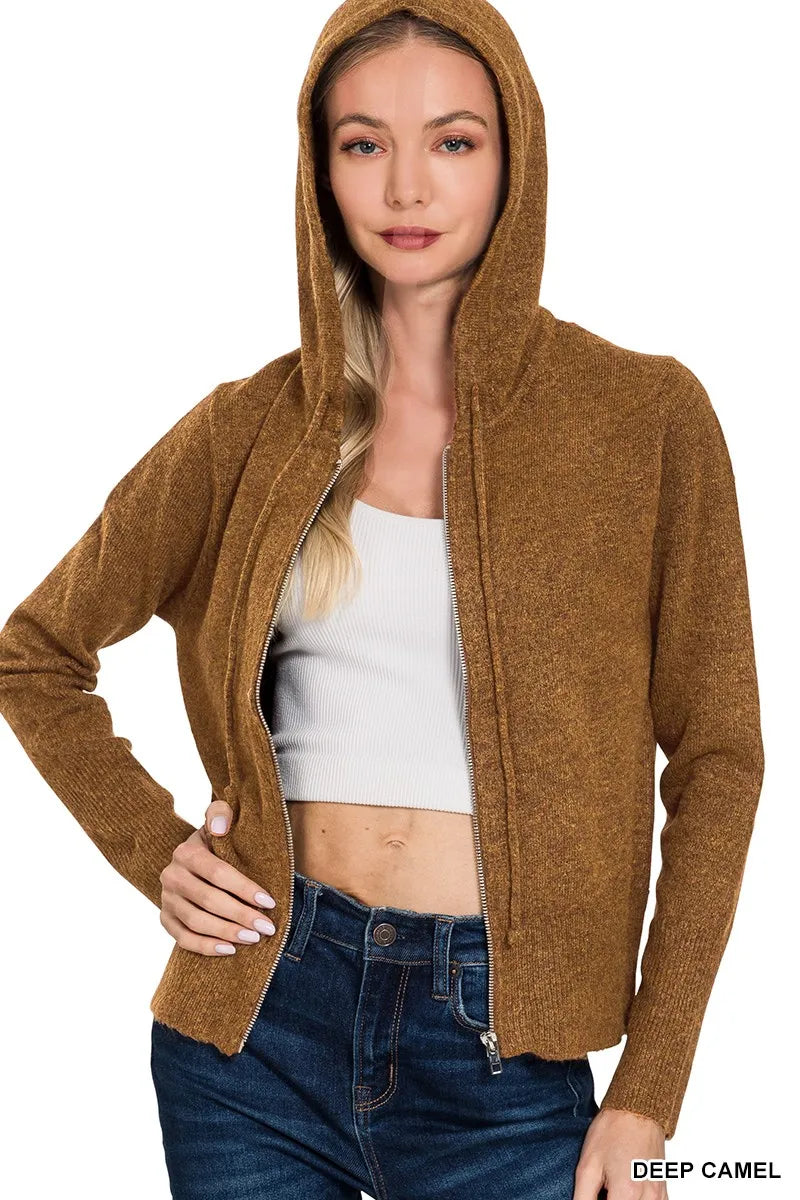 Zenana Drawstring Zip Up Hooded Cardigan in - photo