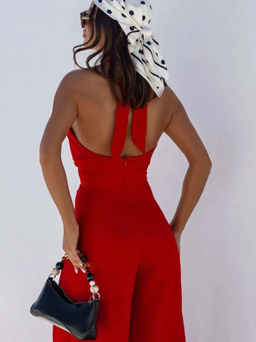 Wide Leg Cutout Halter Neck Jumpsuit - SwagglyLife Home & Fashion Wide Leg Cutout Halter Neck Jumpsuit - SwagglyLife Home & Fashion