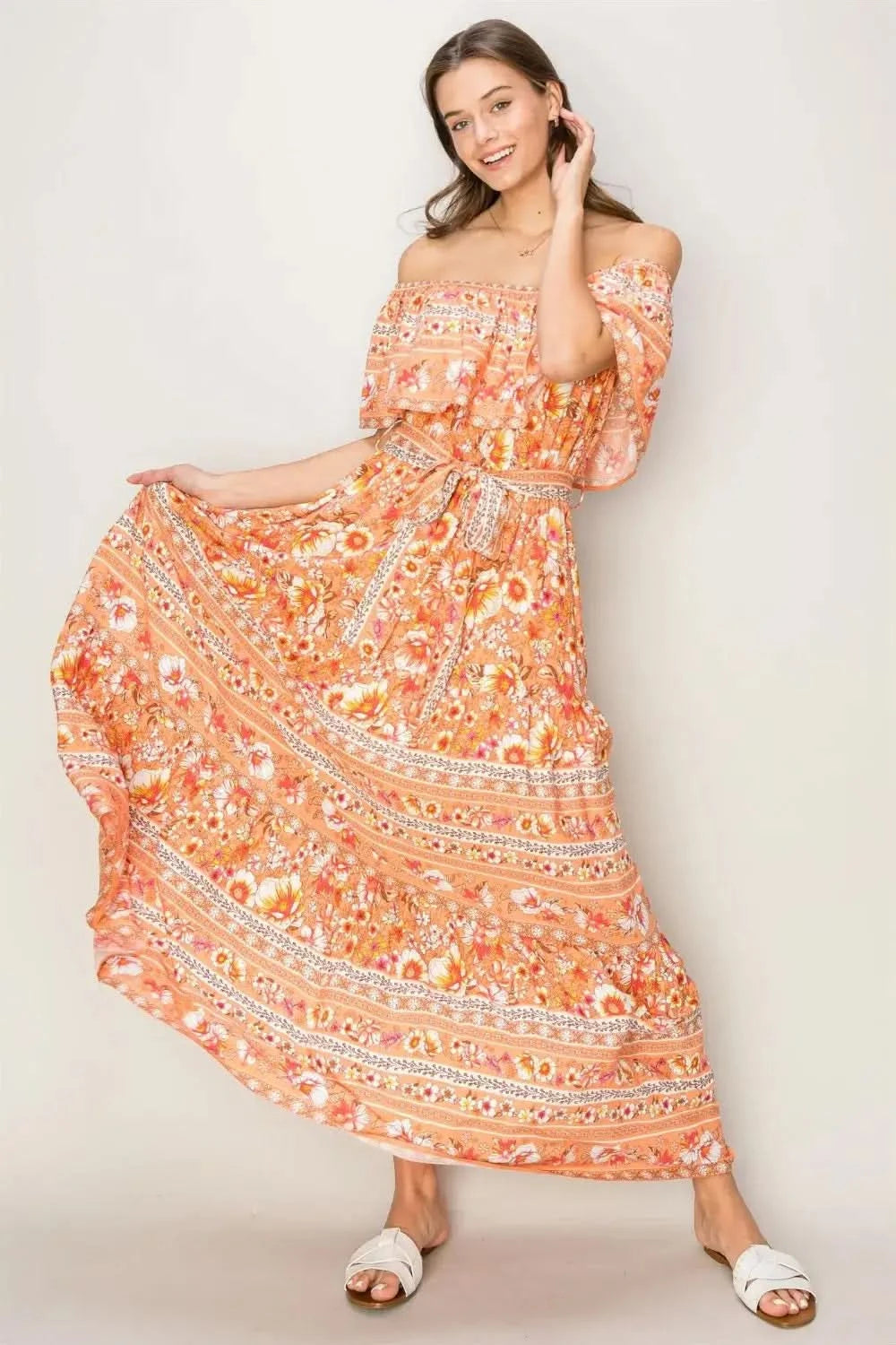 HYFVE Floral Off-Shoulder Tie Front Maxi Dress in Apricot - photo