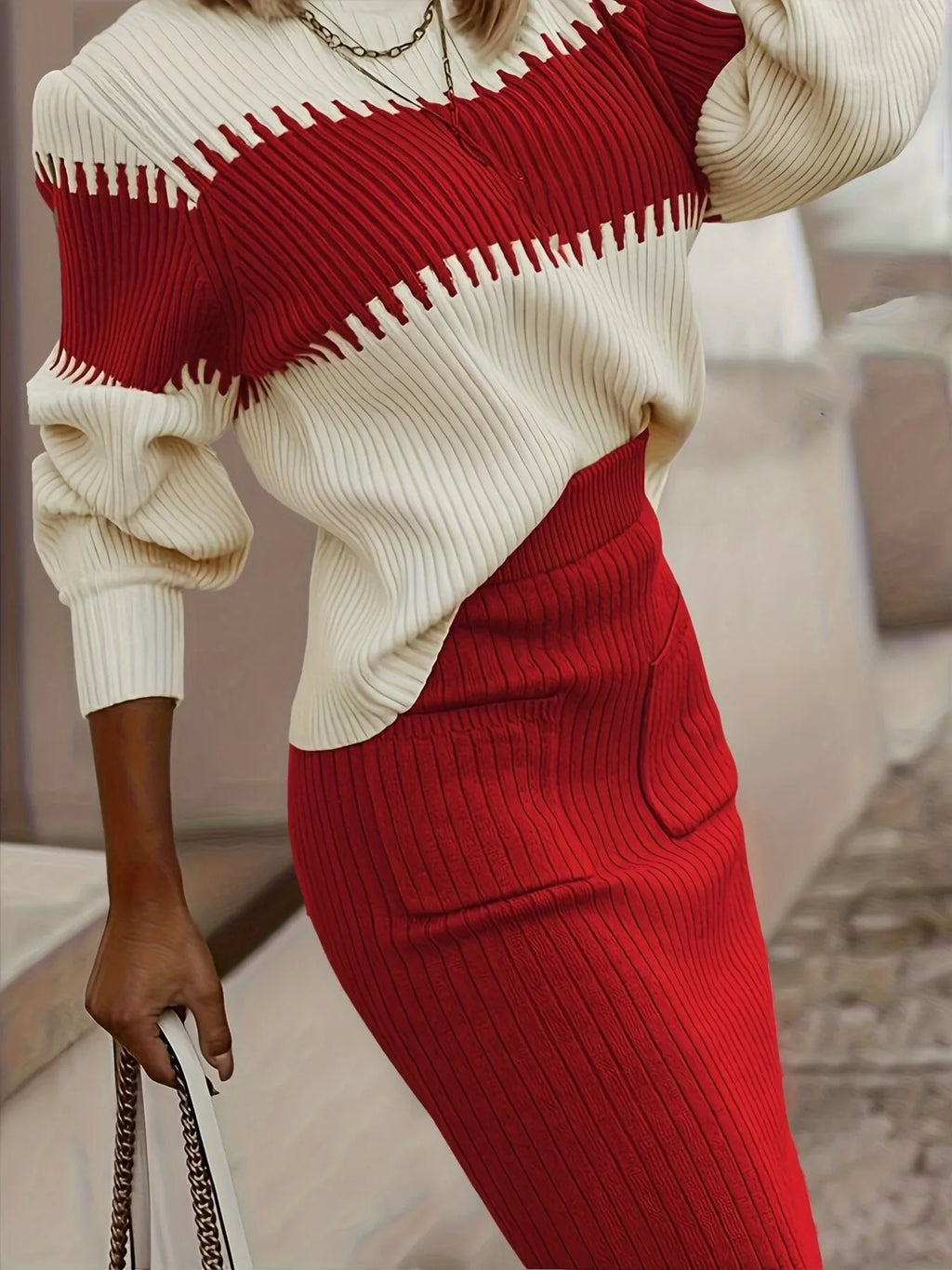 Two-Tone Ribbed Knit Top and Skirt Sweater Set in Red - photo