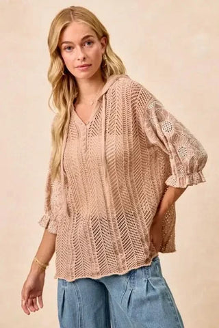 BiBi Jacquard Flower Puff Sleeve Hooded Knit Top - SwagglyLife Home & Fashion BiBi Jacquard Flower Puff Sleeve Hooded Knit Top - SwagglyLife Home & Fashion