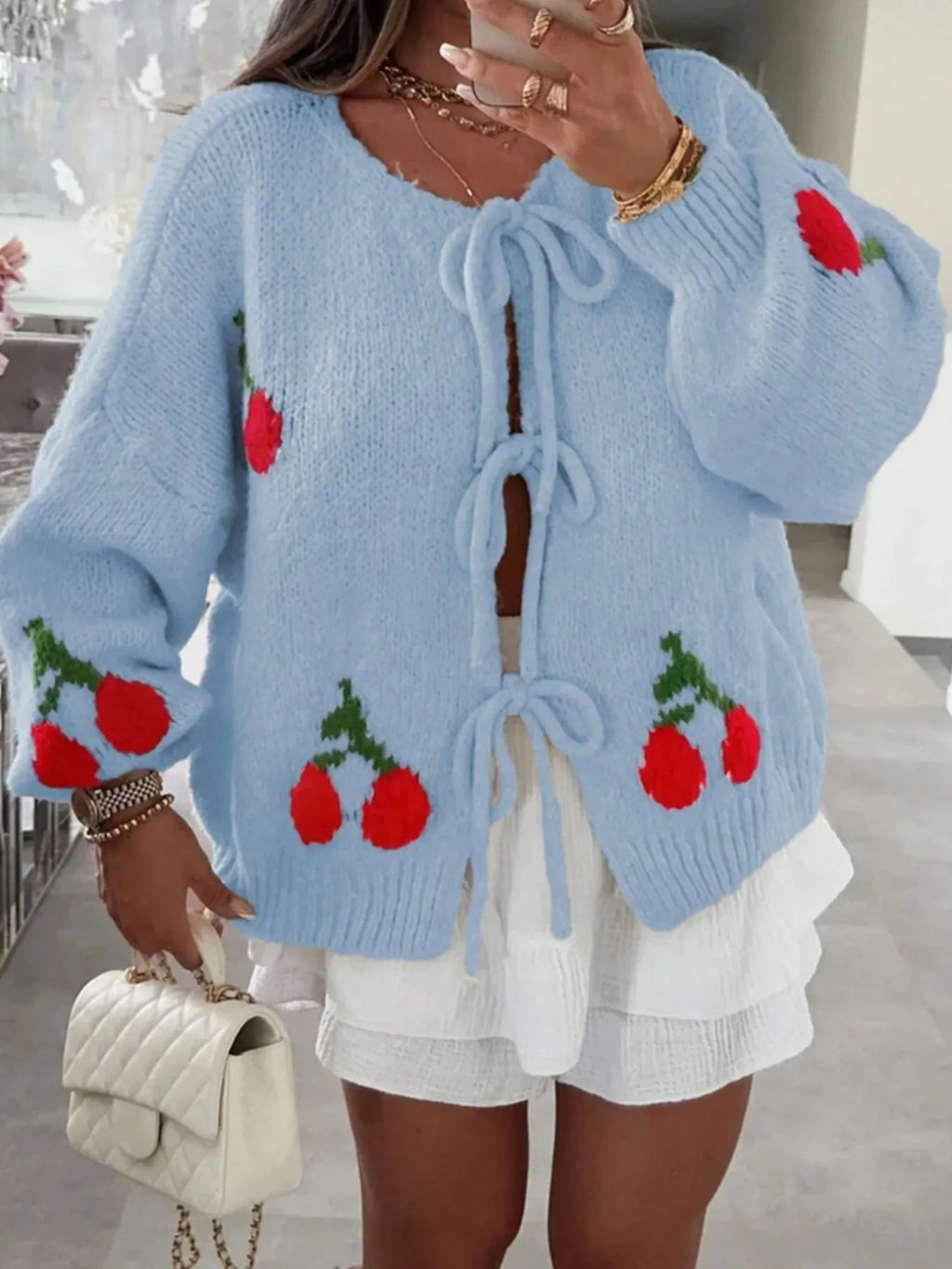 Cherry Pattern Tie-Front Oversized Cardigan - SwagglyLife Home & Fashion