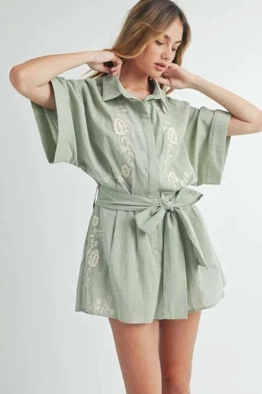 MABLE Embroidered Button Down Collared Neck Romper in - photo
