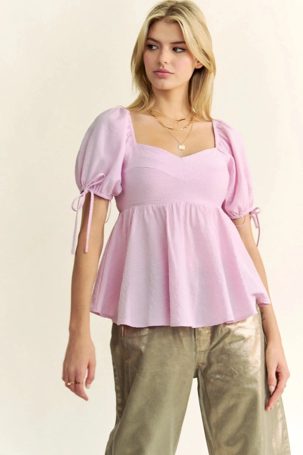 Davi & Dani Solid Elastic Peplum Puffed Sleeves Blouse in BABY PINK - photo