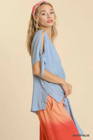 Umgee Cold Shoulder Short Sleeve Round Neck Top with Side Slits and Tie-able Knot Details - SwagglyLife Home & Fashion Umgee Cold Shoulder Short Sleeve Round Neck Top with Side Slits and Tie-able Knot Details - SwagglyLife Home & Fashion