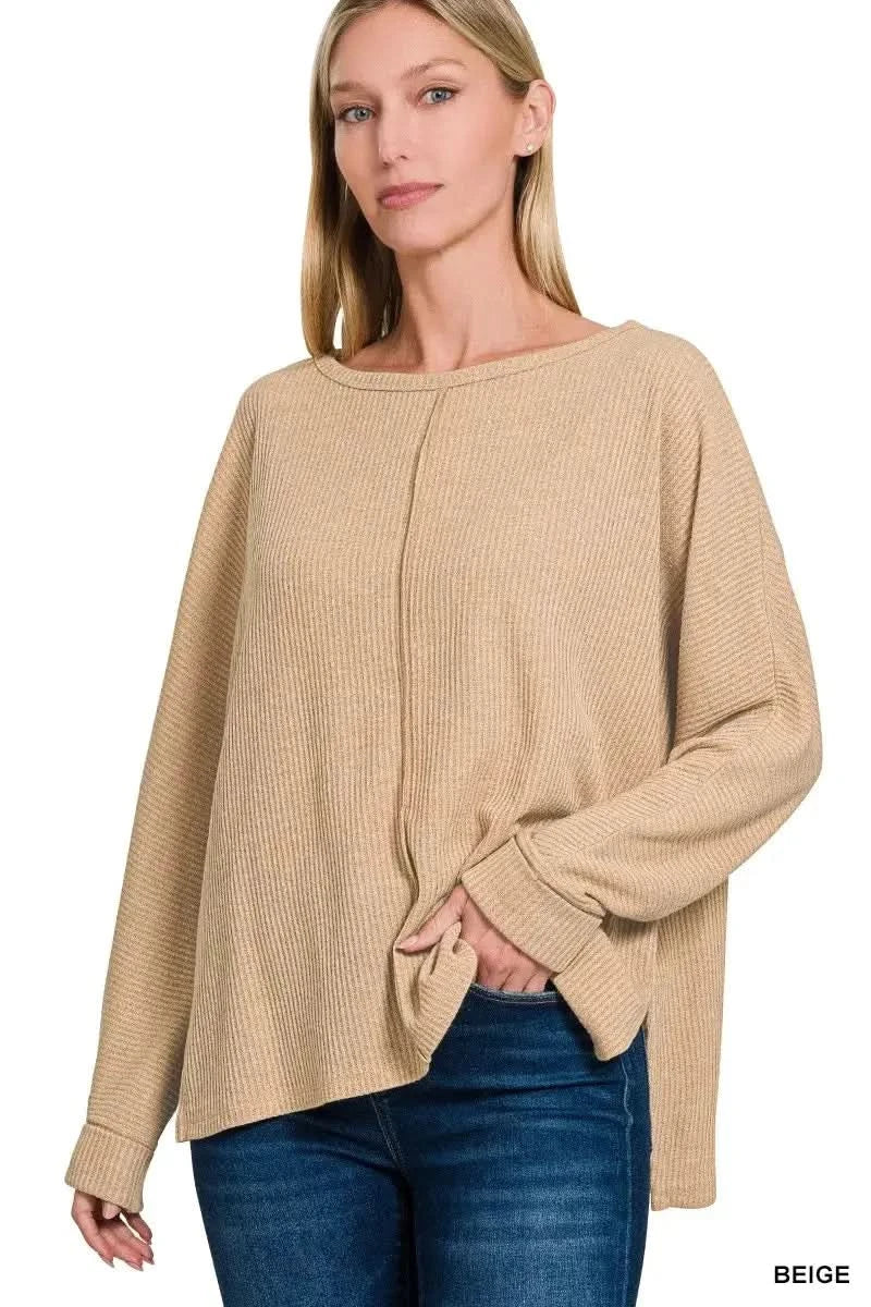 Zenana Ribbed Center Seam Dolman Sleeve Hi Low Sweater in BEIGE - photo