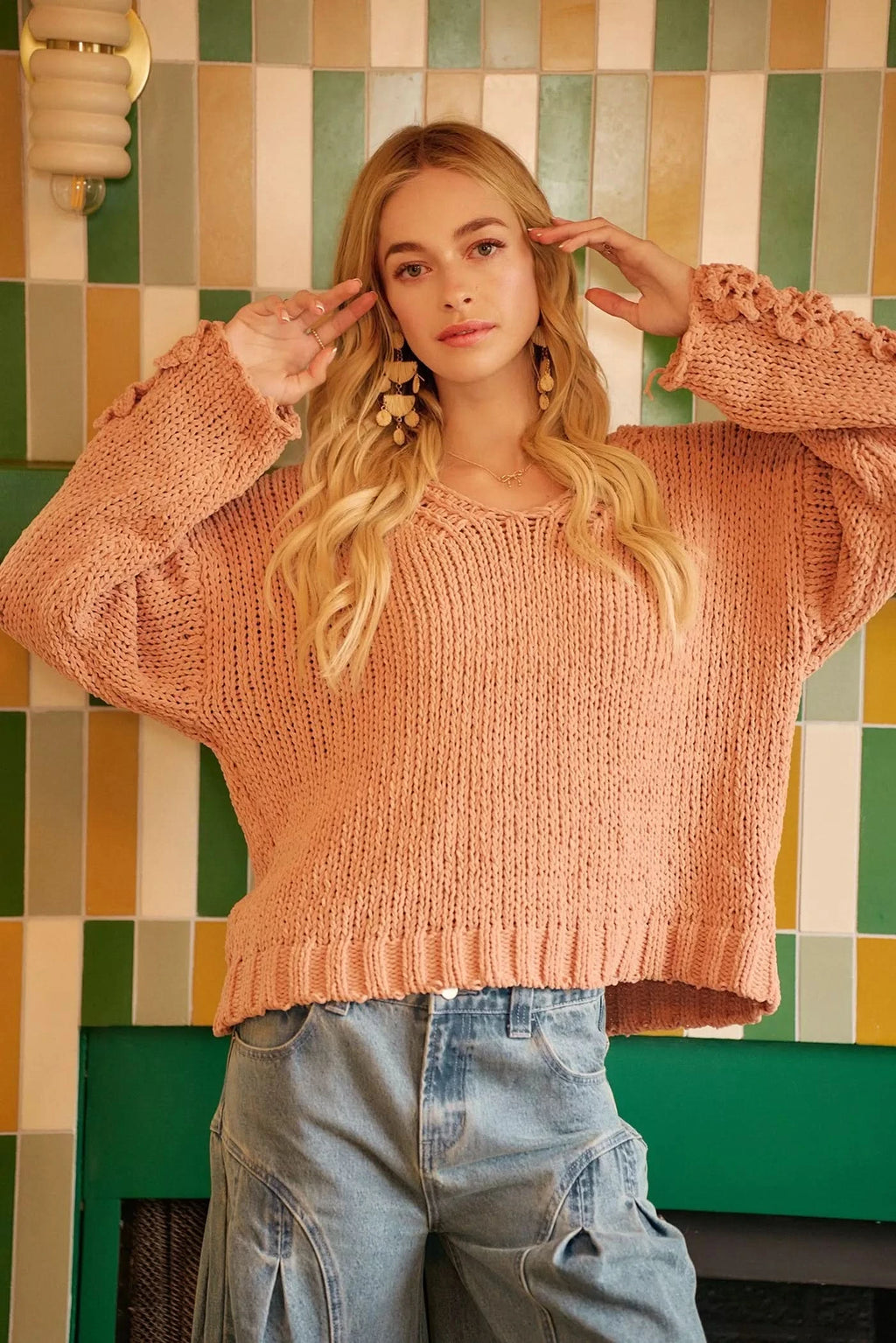 BiBi Chunky Knit Sweater with Flower Detail Sleeves in - photo