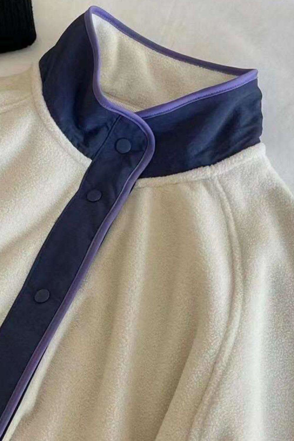 Double Take Snap Down Contrast Fleece Jacket with Pockets in - photo