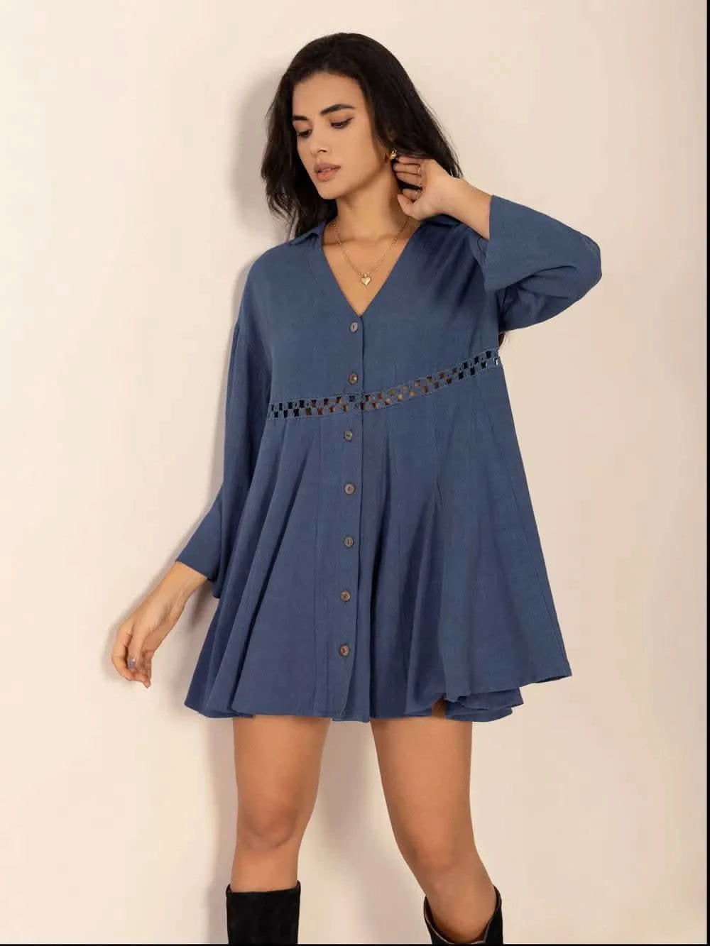 Cutout Johnny Collar Long Sleeve Mini Dress in - photo