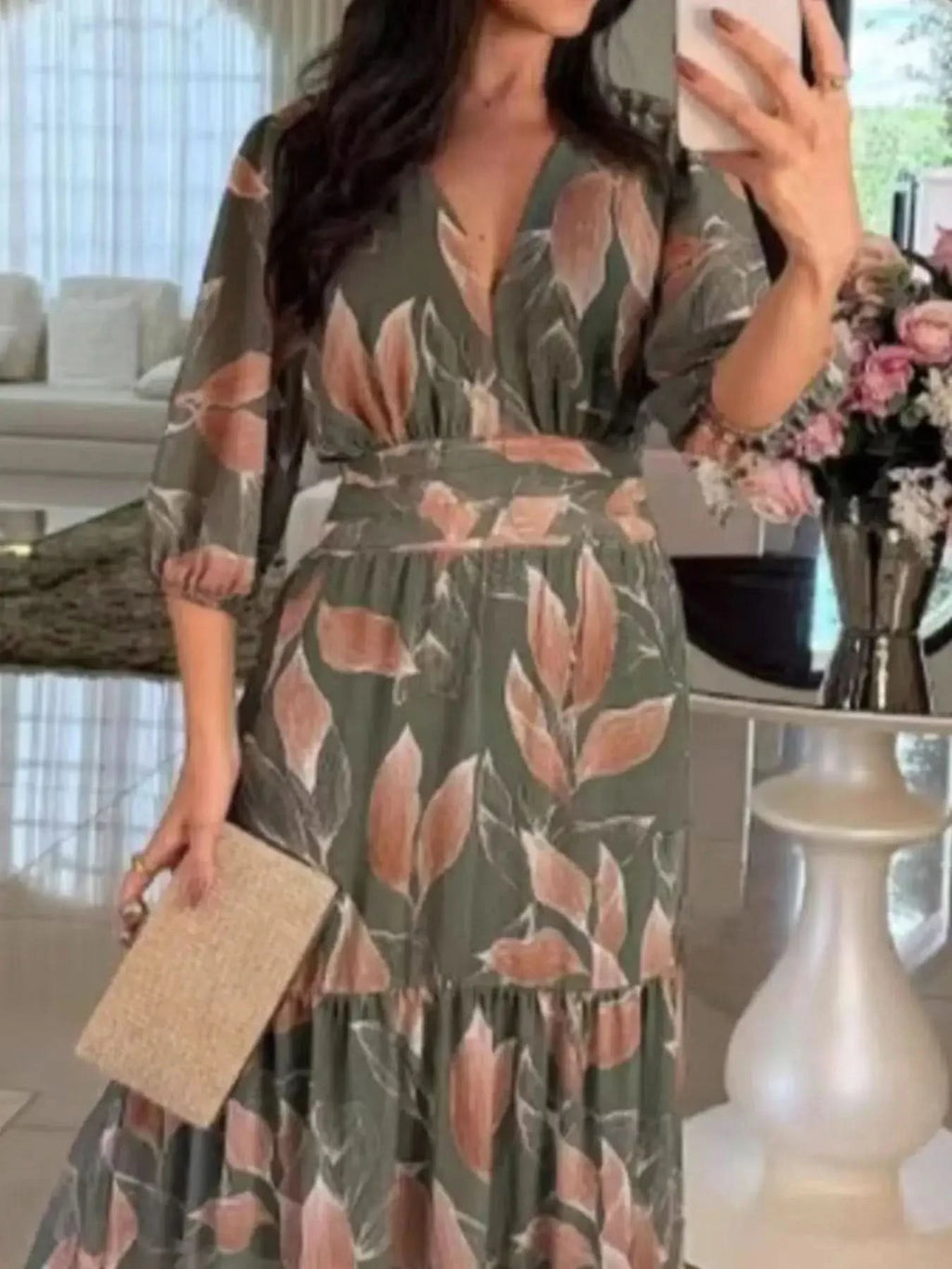 Full Size Printed V-Neck Maxi Dress with Tiered Hemline Plus Size - SwagglyLife Home & Fashion