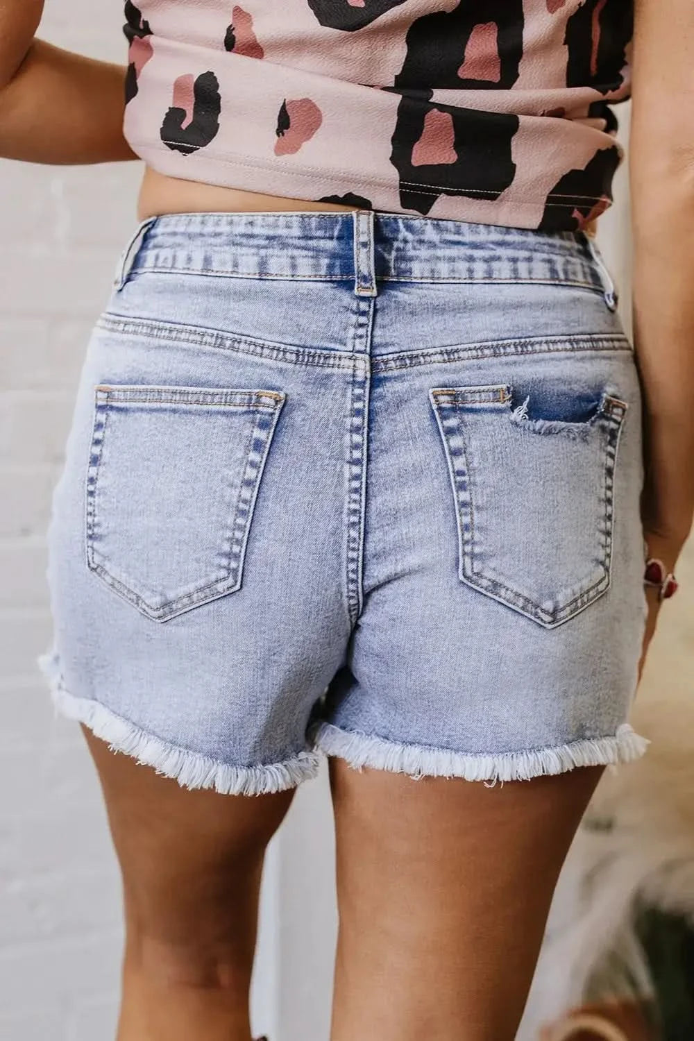 Pearl Studded Pockets Raw Hem Denim Shorts - SwagglyLife Home & Fashion