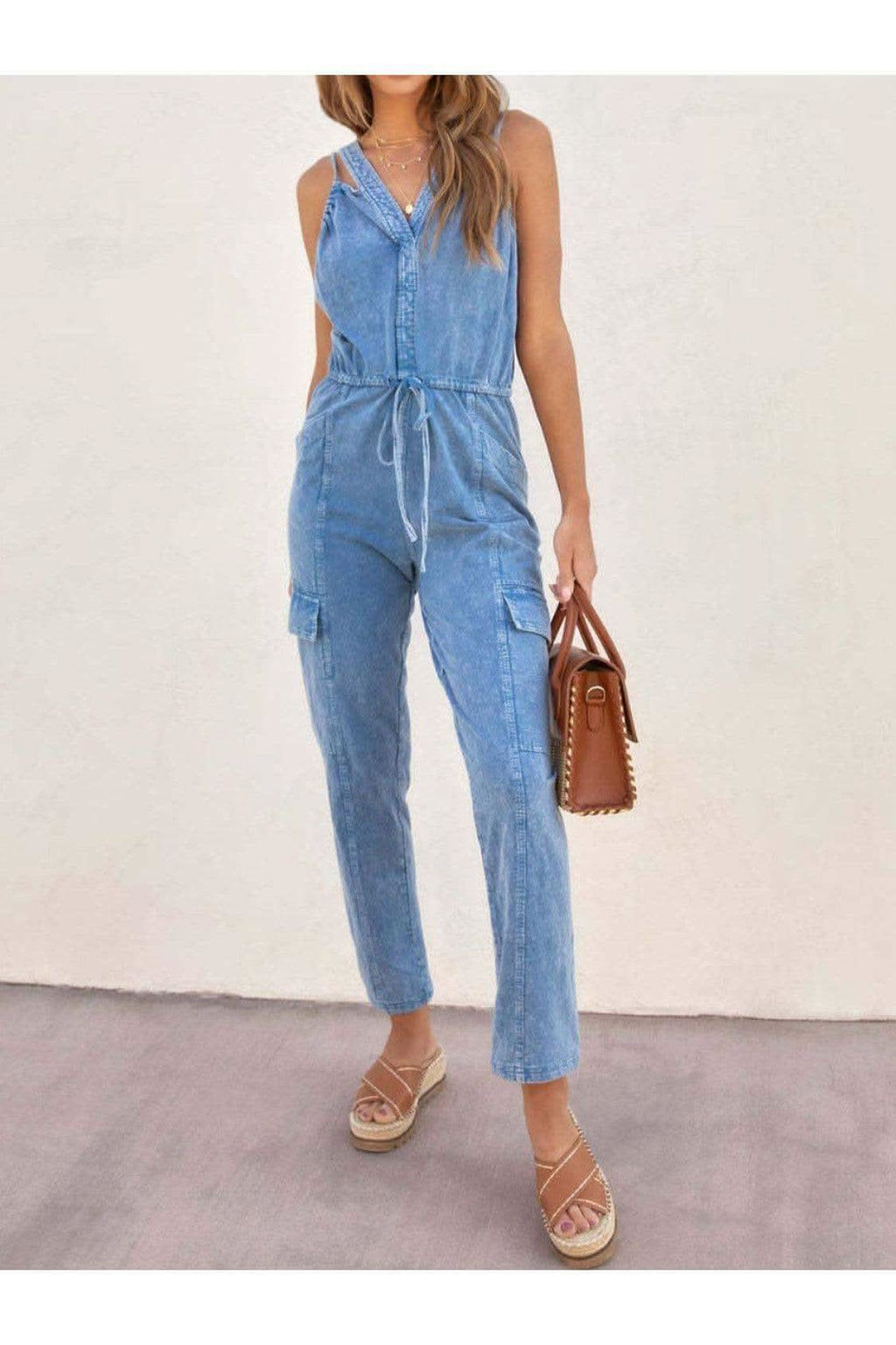 Daisy V-Neck Sleeveless Denim Jumpsuit - SwagglyLife Home & Fashion