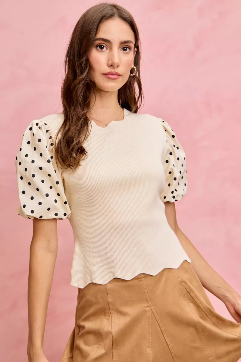 SO ME Polka Dot Contrast Woven Ballon Sleeve Blouse in - photo
