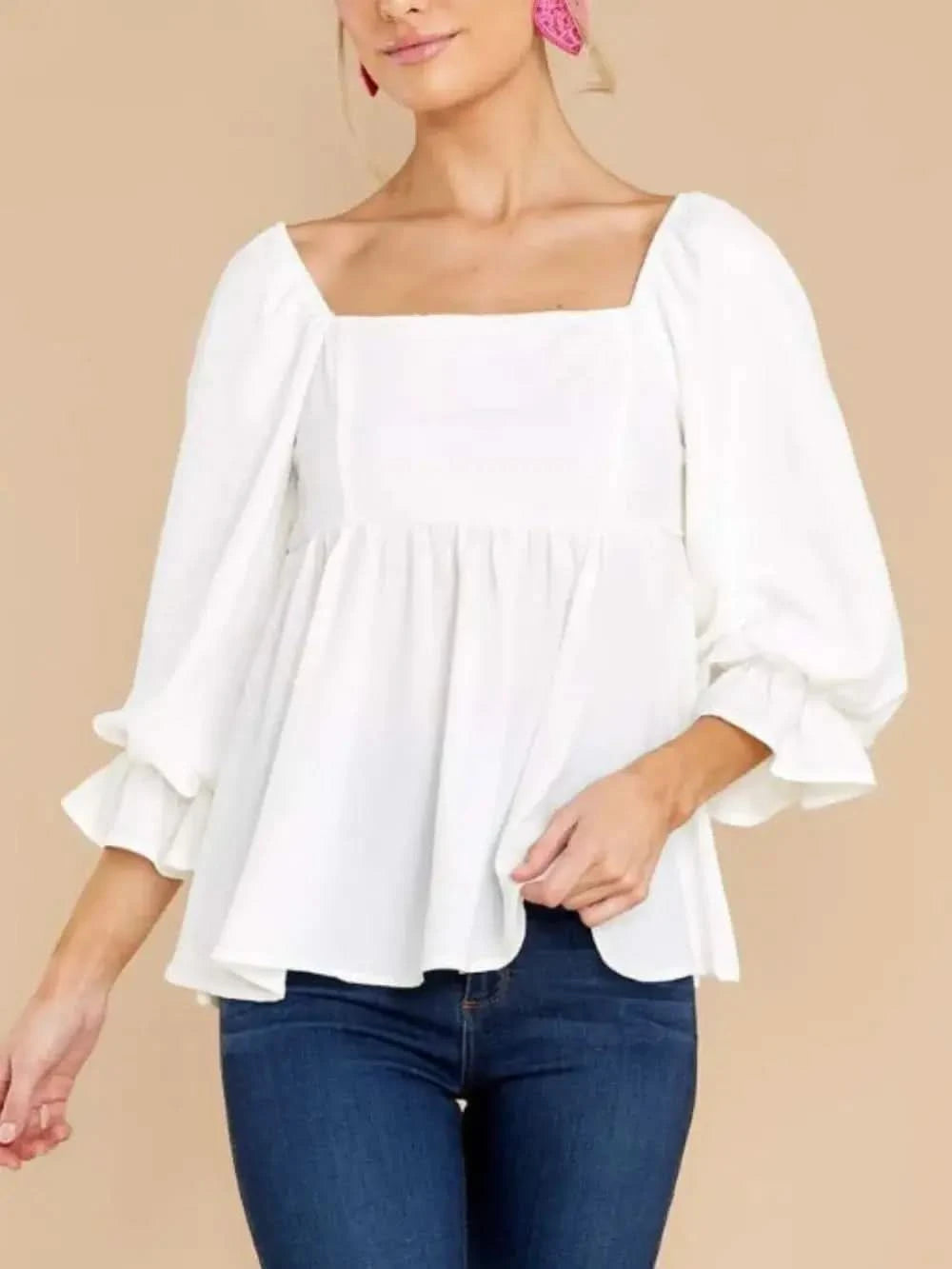 Smocked Square Neck Flounce Sleeve Blouse in White - photo