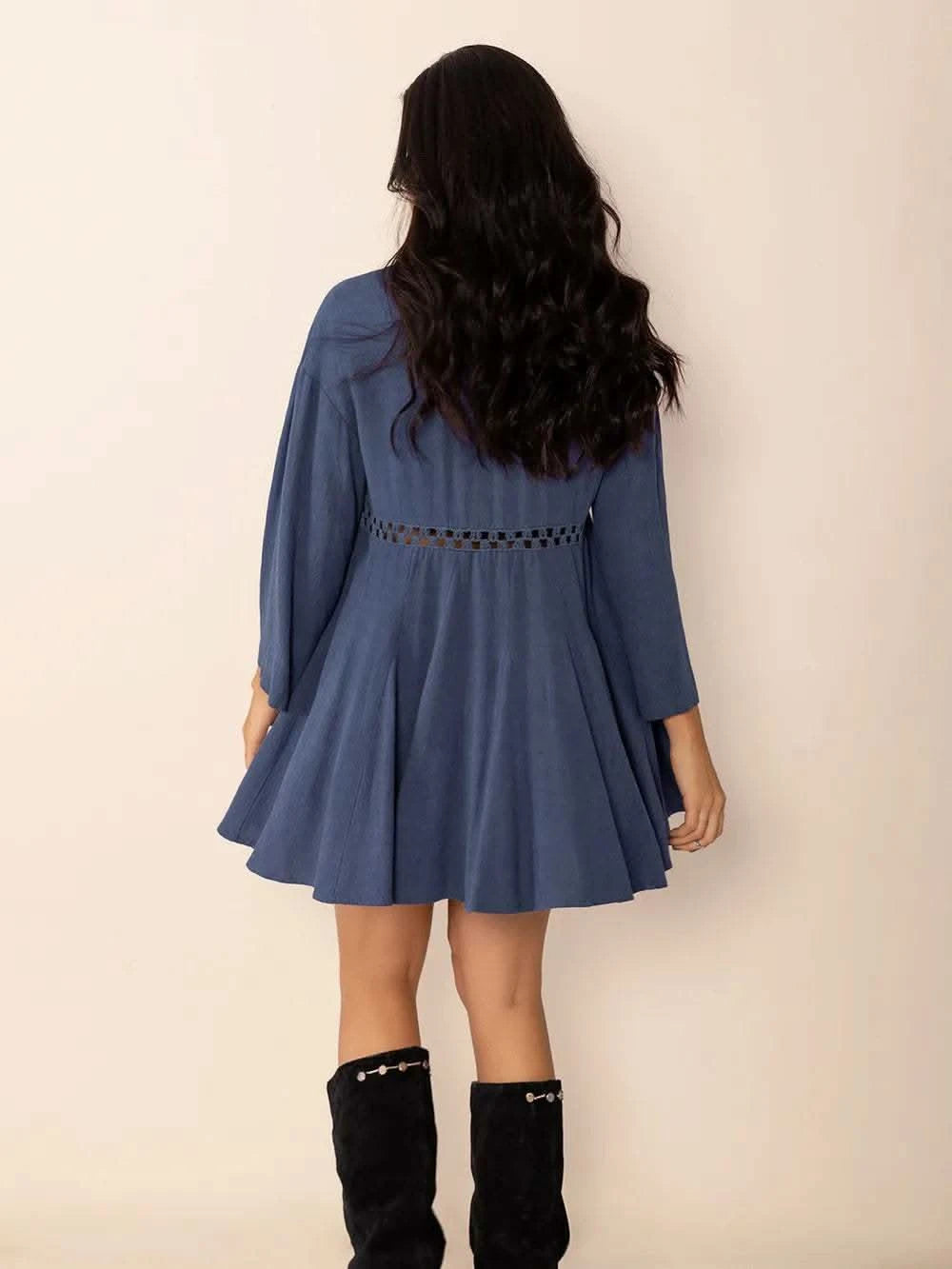 Cutout Johnny Collar Long Sleeve Mini Dress in - photo